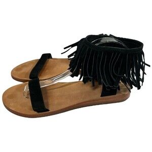 KATE SPADE ALEX Black Suede‎ Zip Casual Fringe Flats Sandals Size 8